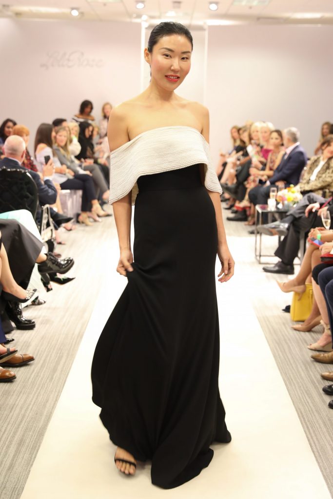 Lela Rose black and white off-the-shoulder evening gown.