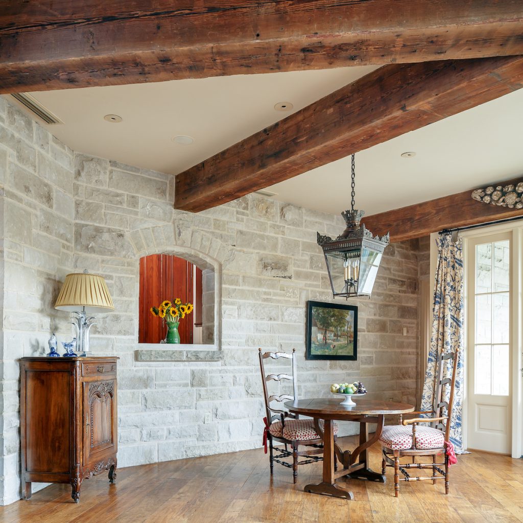 Natural stone adorns the exterior and some of the interior.