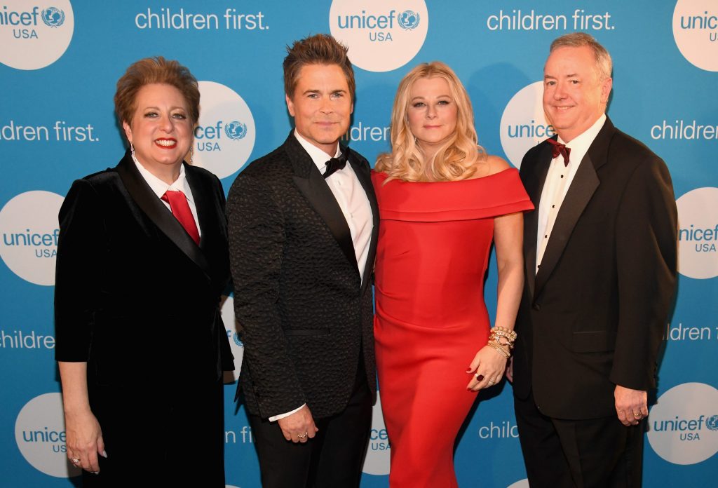 CEO & President UNICEF USA Caryl Stern, honoree and Global Philanthropist Award recipients actor Rob Lowe and designer Sheryl Lowe, and honoree and UNICEF Children First Award recipient Kimberly-Clark Corp CEO Thomas Falk.