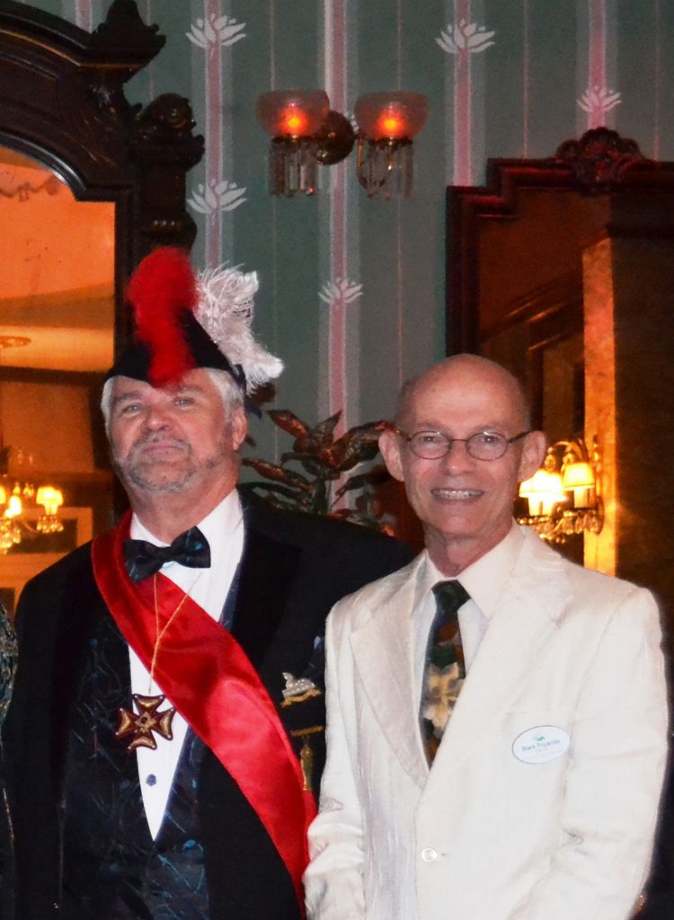Preservationists Randy Pace and Bart Truxillo at the Heritage Society's reprisal of NoTsuOh celebrations at the Magnolia Ballroom, 2015. The restored ballroom, which he had owned since 1968, was often donated by Truxillo to many nonprofits for functions. (Courtesy the Heritage Society) 