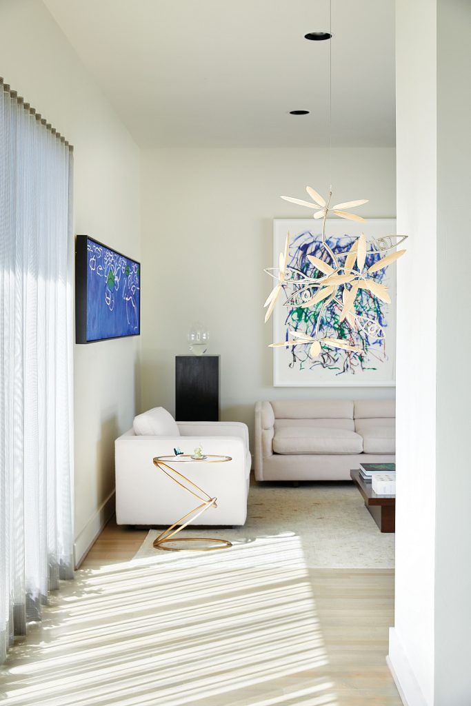 Brian Clarke’s "Water Lilies". Joan Mitchell’s diptych "Sunflowers II", 1992. James Surls’ "Untitled Sculpture", circa 2008. On stand, Ben Tyers’ "Breathe", 2009. Sofa and chair from estate of Starke Taylor.