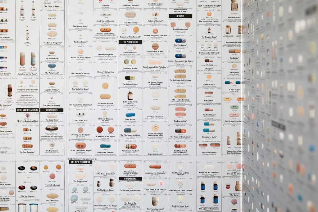 In the powder bath, Damien Hirst’s limited-edition "Pharmacy Wallpaper".
