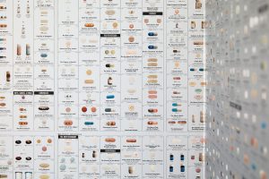 In the powder bath, Damien Hirst’s limited-edition "Pharmacy Wallpaper".