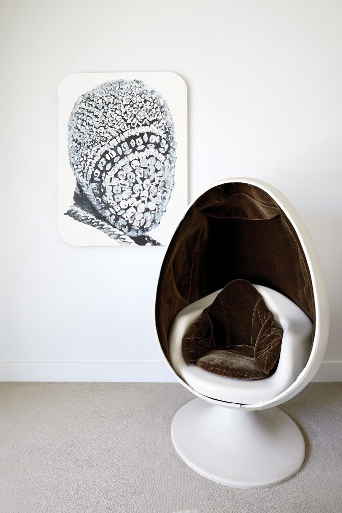 Francisco Moreno’s "SLATE: Kanye Painting No. 4", 2015. Stereo Alpha egg chair, circa 1970.