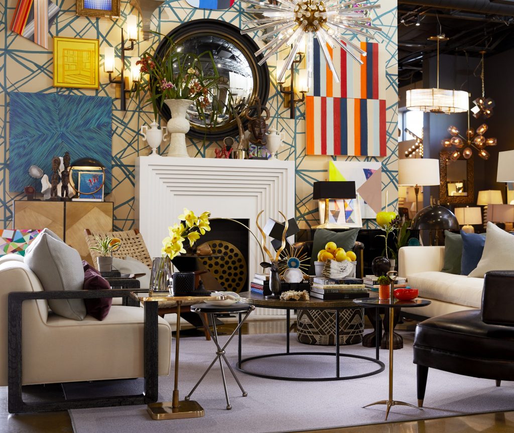 Arteriors showroom on Dragon Street featuring rugs from Clifton Carpets & Home, lighting and furniture from Arteriors, and artwork from Galleri Urbane.