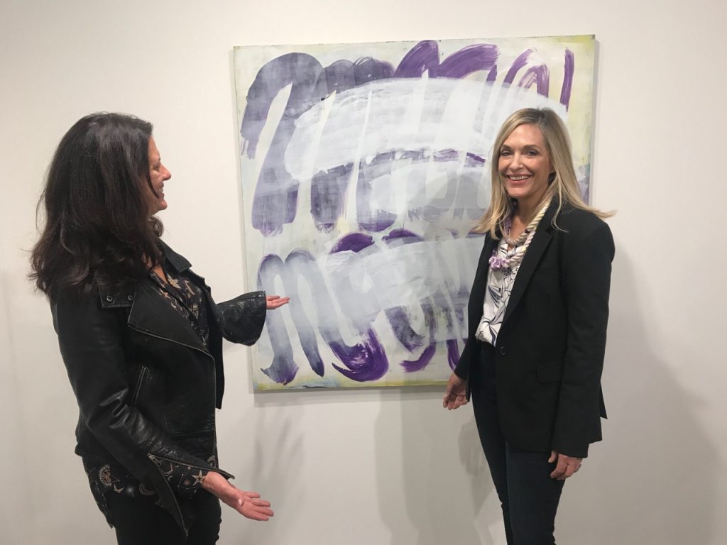 San Antonio art consultant Jana Cothren (left) of 3C Art Advisory and her client, Dallas fashion designer Finley Moll stopped by the Inman Gallery booth to admire a canvas by Houston-based painter and Core Fellow alum Dana Frankfort.