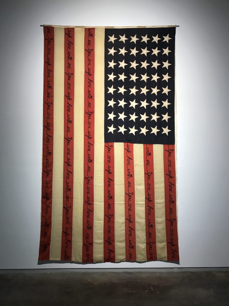 Lisica stopped by the Dallas Contemporary, and reviewed its trifecta of shows: "A large embroidered American flag with words, "You are safe here with me" repeated across the stripes holds its place on the back wall of the "Carry me home" solo exhibition of Tehran-born, New York-based artist Sara Rahbar."