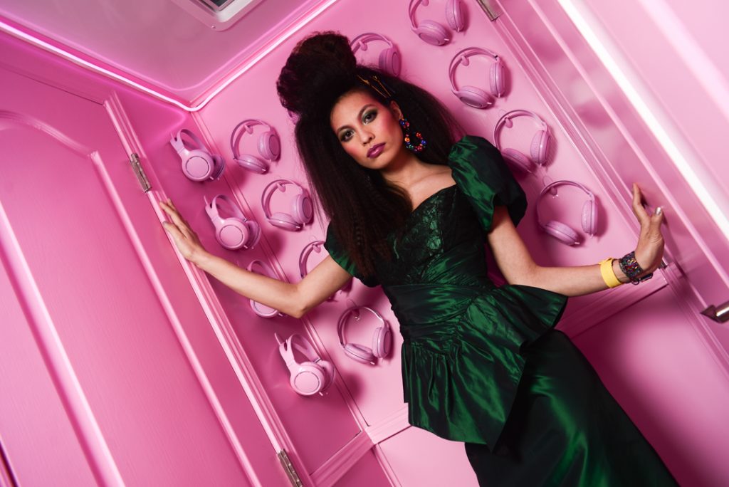 Model inside the mixtape bathroom