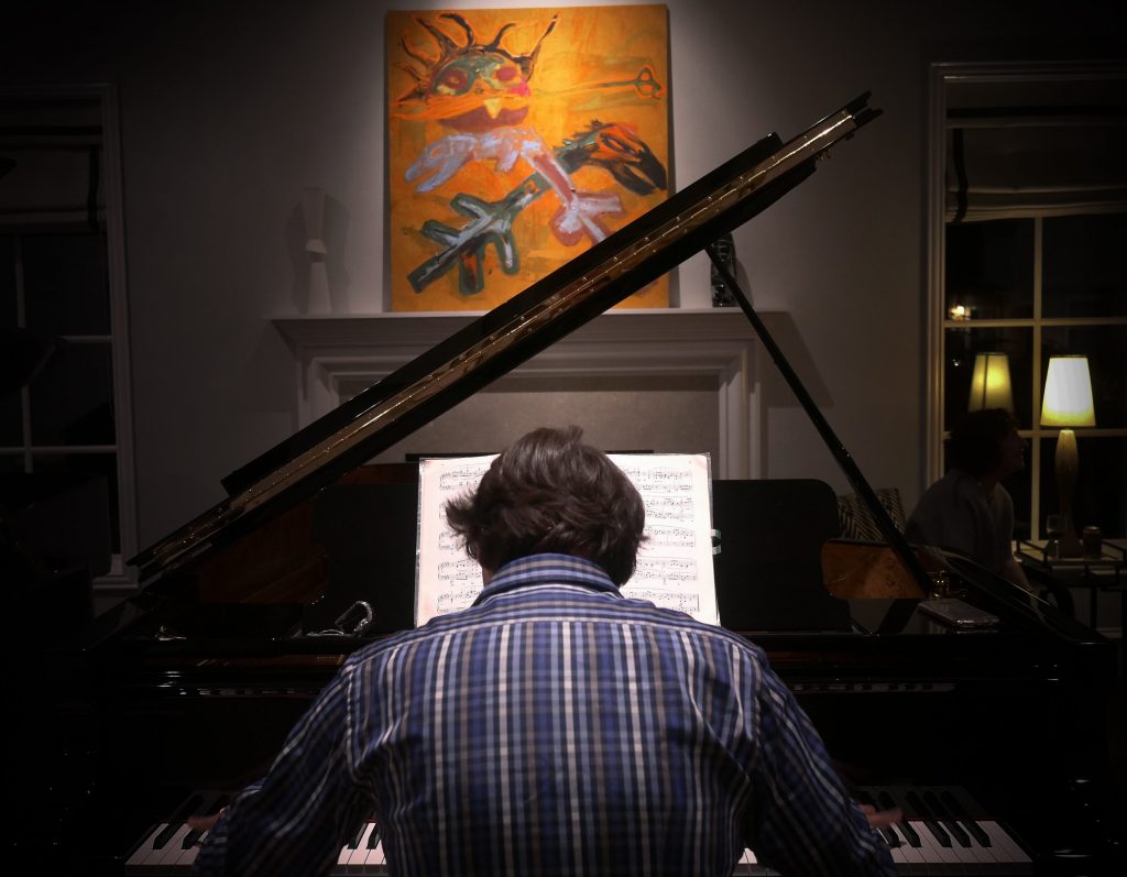 House party at the family home of Olivia Smith, an evening that led to impromptu piano performances, paired with a pop-up for works by Zach Bruder and Bill Saylor, the pair of painters showcased in Smith's Magenta Plains booth at the Fair.