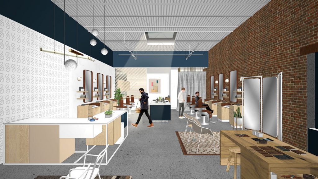 Sorek Barbershop & Menswear aims to be a consolidated grooming and styling experience. (Rendering by Michael Hsu Office of Architecture.)