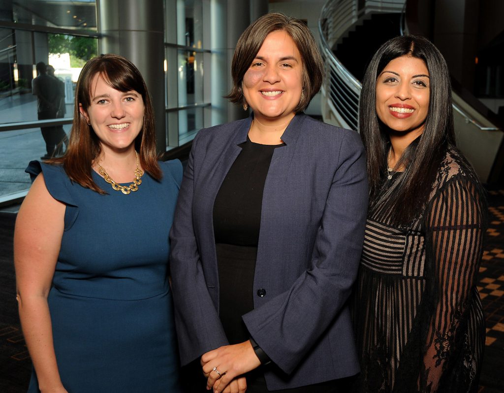 From left: Rachel Smith, Elisa Villanueva Beard and Mika Rao at the Teach For America "Realizing One Day" 2018 Benefit Dinner at the Royal Sonesta Hotel Thursday March 29,2018. (Dave Rossman Photo)