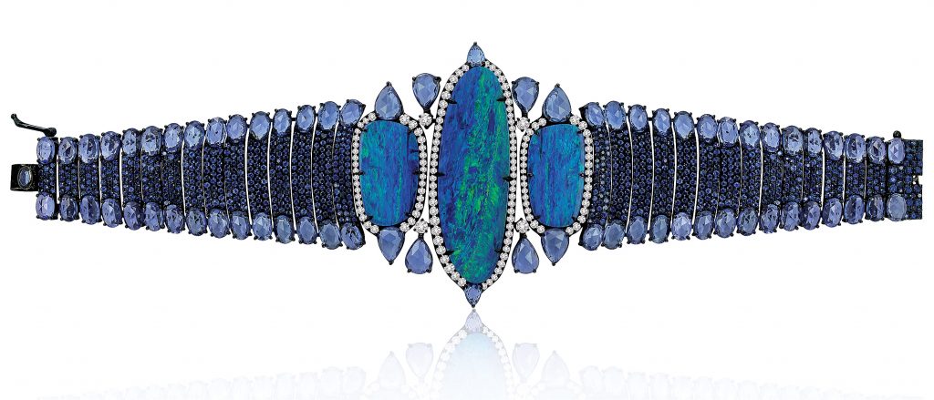 Among the top 10 designs of Sutra's first decade is this Opal Trifecta bracelet with diamonds, opals, and sapphires in 18K black gold.