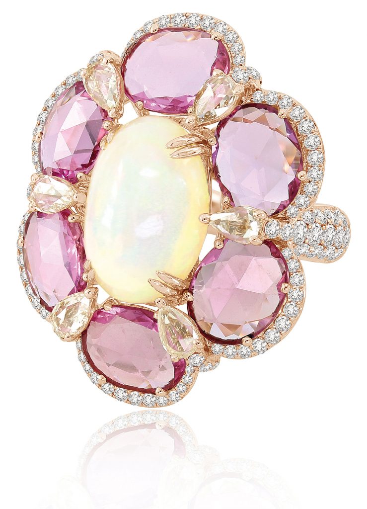 Sutra's Opal & Pink Candy Flower Ring showcases the Houston-founded jeweler's innovative designs with colored stones.