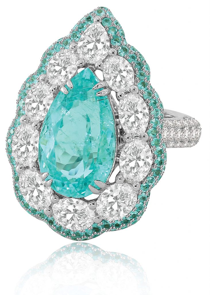 Sutra's Paraíba Pear Perfection ring from the High Jewellery Collection with Paraíbas and diamonds in 18K white gold. The Paraiba, which can be more expensive than diamonds, is a hallmark of the now international brand.