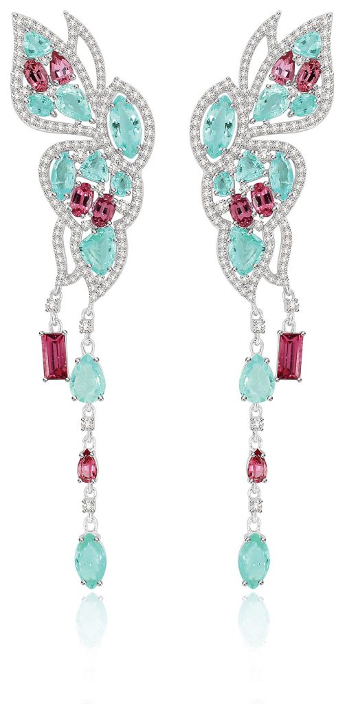 Sutra's Butterfly Earrings in Paraiba and Pink Spinel are designed with specific left and right ears in mind.