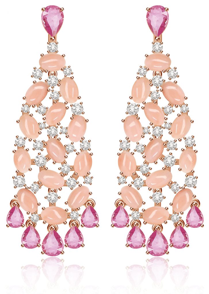 Sutra's use of colored stones is exemplified by this pair of coral and pink sapphire earrings.