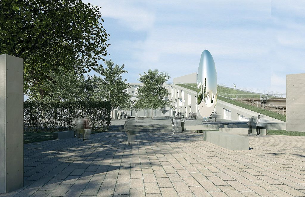 The walkable roofline of the Glassell School of Art. Foreground, the Brown Foundation, Inc. Plaza, devised by Deborah Nevins & Associates, in collaboration with Nevins & Benito Landscape Architecture.