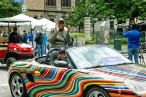 Mayor Sylvester Turner, here pictured in the first place winning "Aurora-Porshie-Alice" by Nicole Strine and Robynn Sanders from the 2018 Art Car Parade, will be on the debut episode of "The Houston Hour with Mister McKinney and Catherine Anspon" Thursday, August 29, from 3 to 4 pm. (Photo by Emily Jaschke)