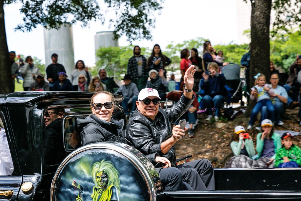 Actor, comedian, and Chicano art collector Cheech Marin with wife Natasha Rubin in the award winning "Iron Maiden" lowrider truck by Eliseo Hilario and The Kingsman Car Club