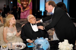 Susan & Fayez Sarofim is greeted by Neal Bush at the 2018 UNICEF Gala at the Post Oak Hotel.