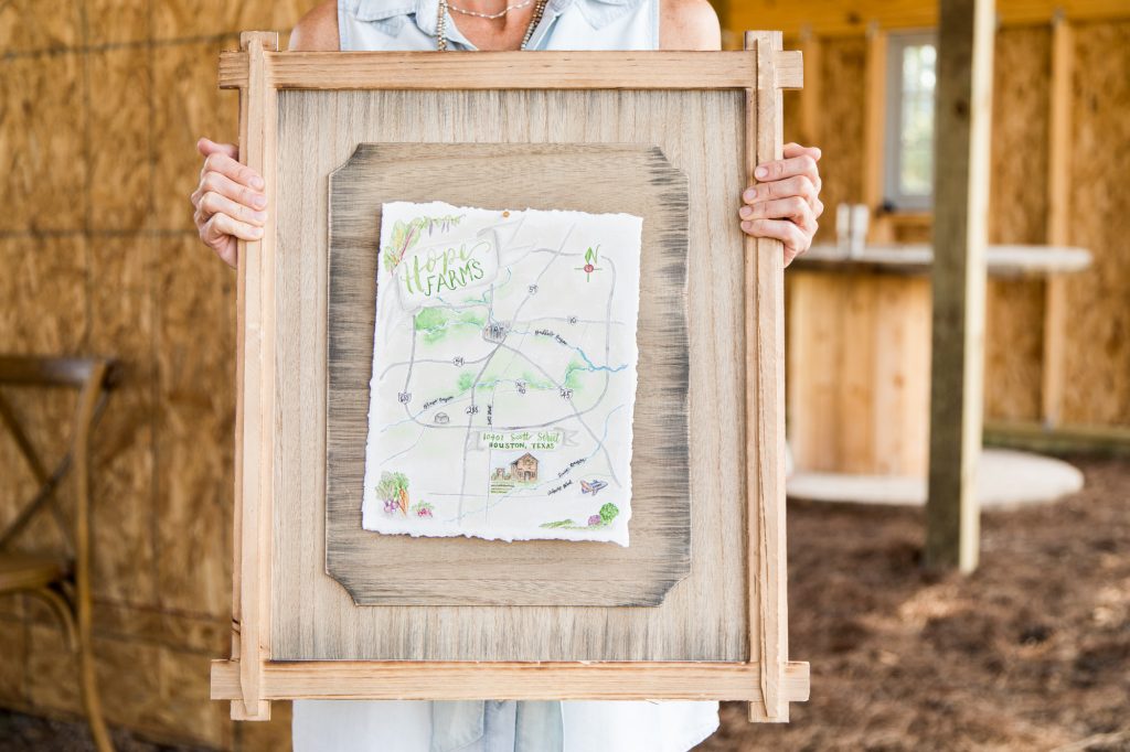 A watercolor map of the secret location Hope Farms by Nancy Bihlmaier of Nancy B Creative was emailed to guests the week of the event.