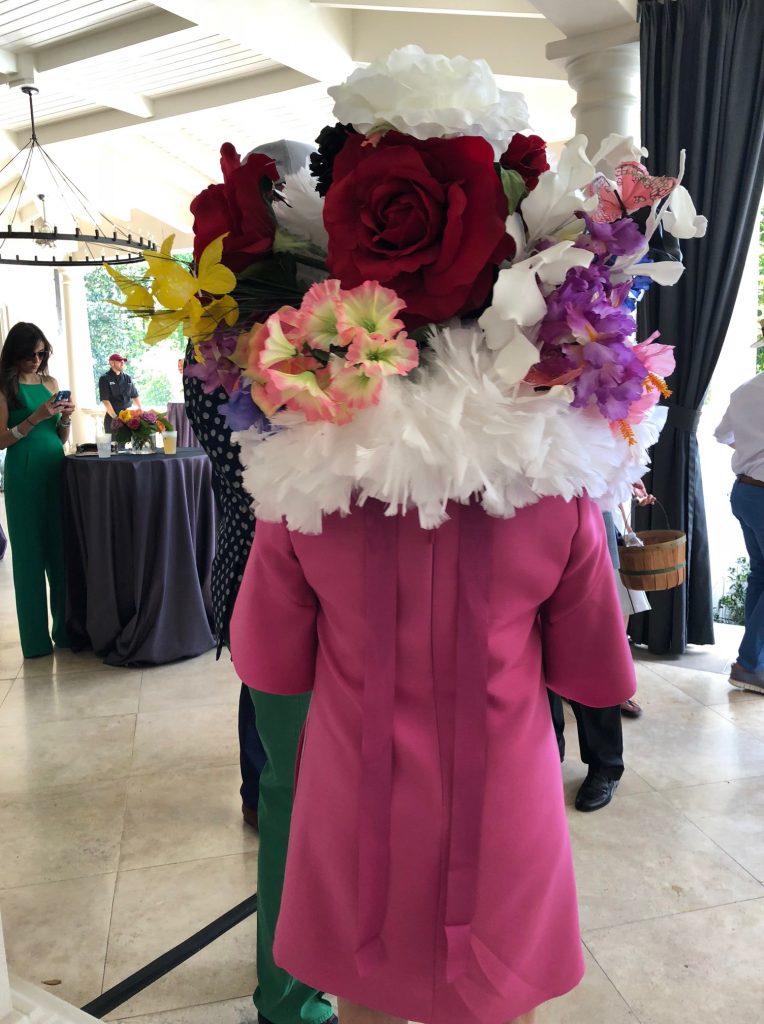 Sue Smith's killer hat at the 2018 Hats, Hearts & Horseshoes benefit at the Fertitta family home.