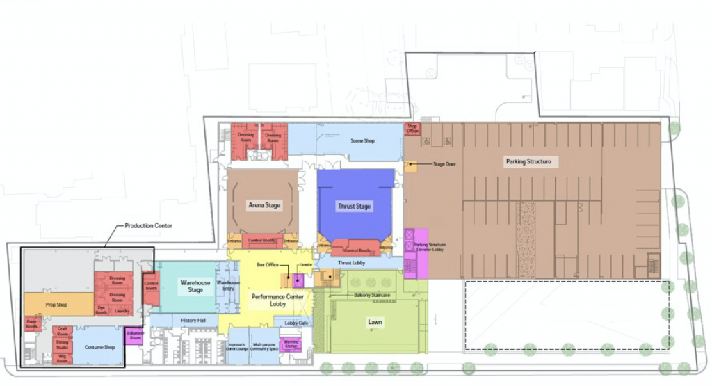 This aerial rendering shows the first floor of the campus layout.