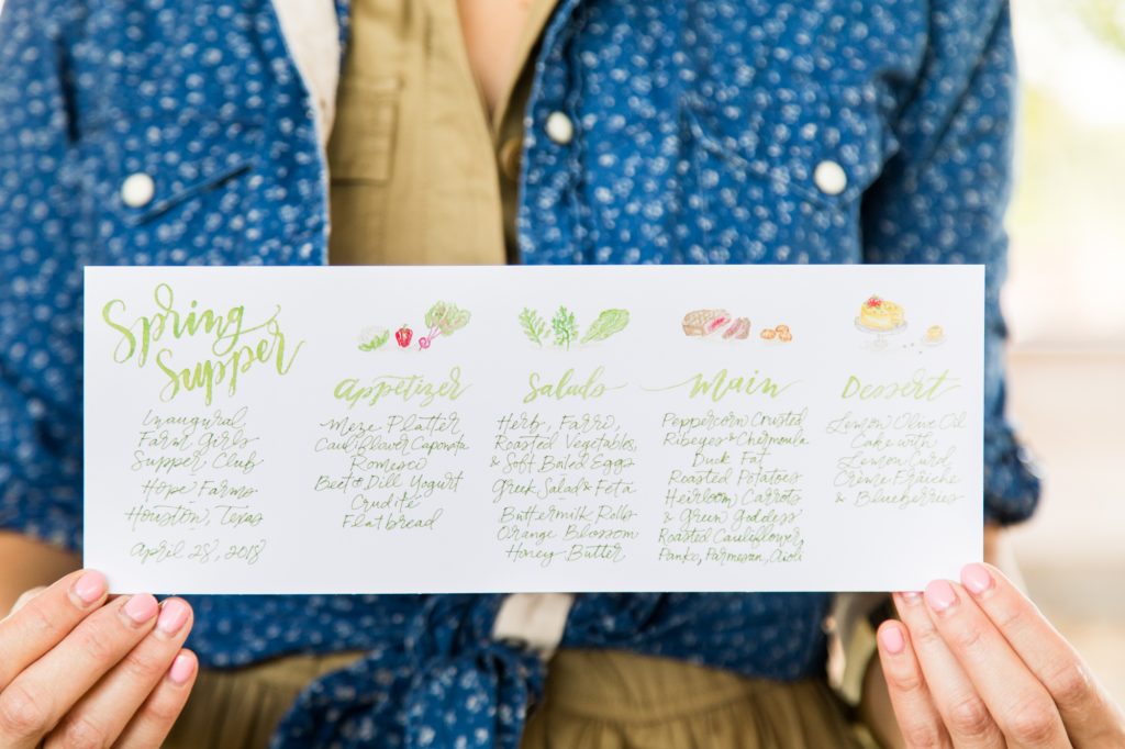 The dinner was filled with special touches, like this watercolor menu by Nancy Bihlmaier of Nancy B. Creative