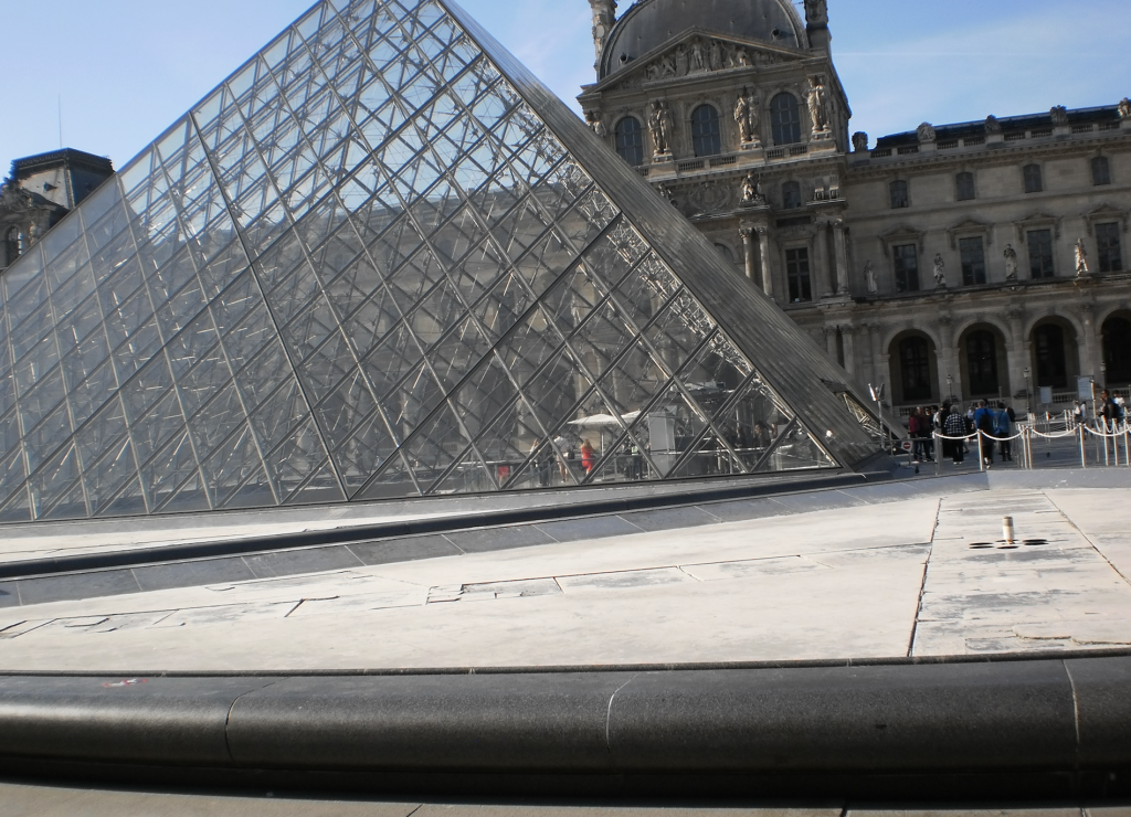 The pyramid entrance to the Louvre.