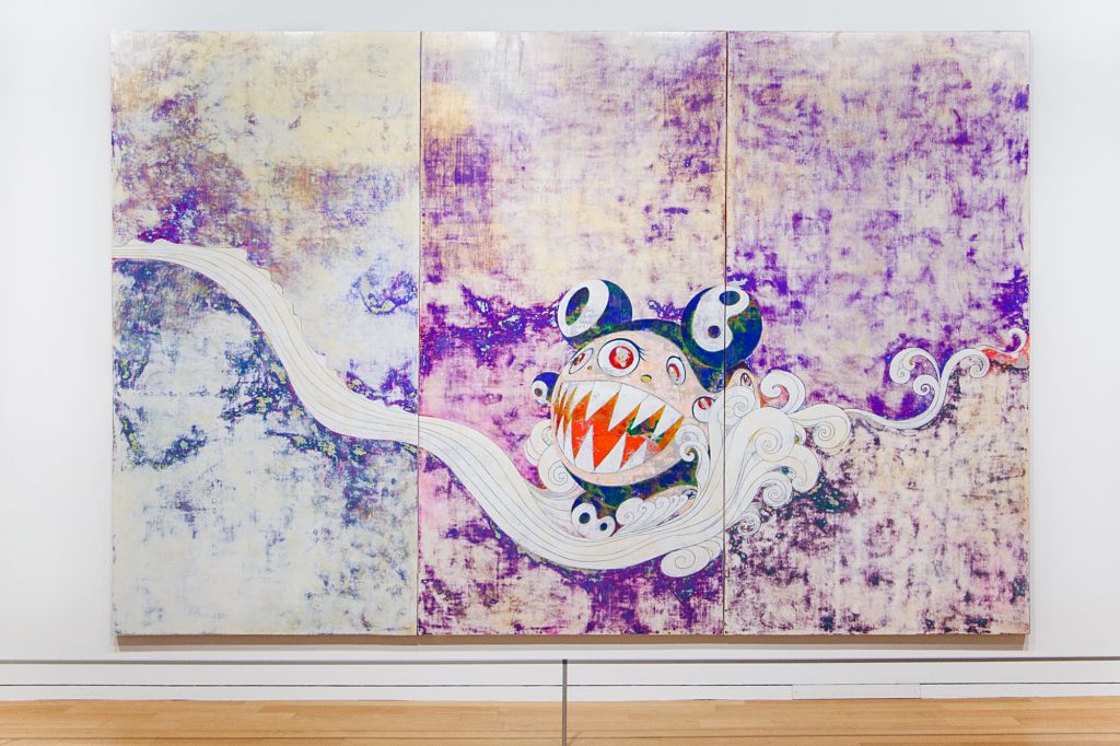 Takashi  Murakami 727,  1996 Synthetic  polymer  paint  on  canvas  board
Overall:  118  ×  177  in.  (299.72  ×  449.58  cm)  -three  panels The  Museum  of  Modern  Art,  New  York.  Gift  of  David  Teiger,  2003  ©1996 Takashi  Murakami/Kaikai  Kiki  Co.,  Ltd.  All  Rights  Reserved.