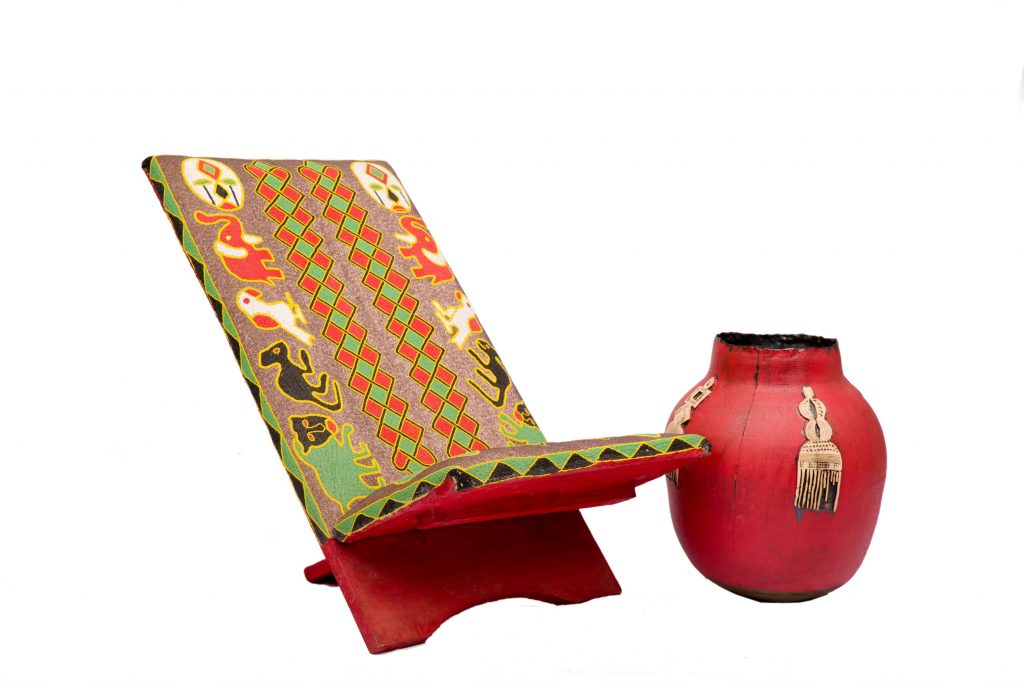 Beaded chair, handmade pot