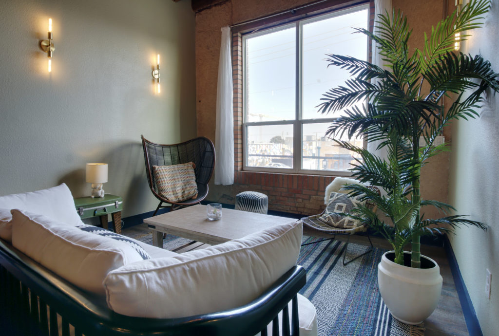 The upstairs living room overlooks Elm Street. 