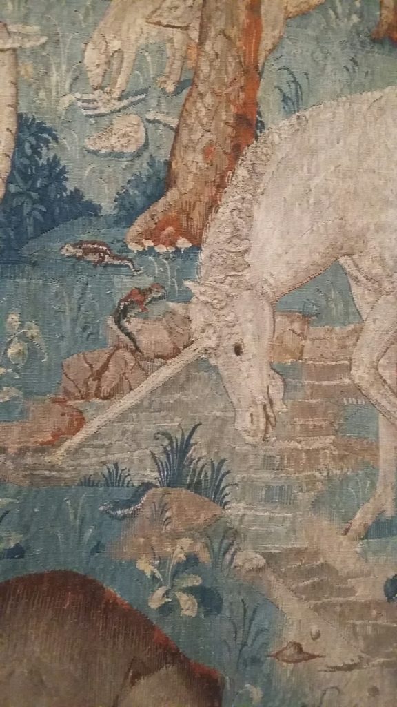 A mythic unicorn is featured in a medieval-era tapestry, among the new works to discover.