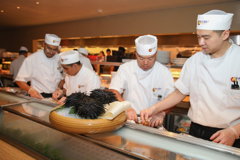 HOUSTON, TX - OCTOBER 18:  Nobu Houston sushi chefs prepare food during the Nobu Houston Sake Ceremony at Nobu Houston on October 18, 2018 in Houston, Texas.  (Photo by Rick Kern/Getty Images for Nobu)