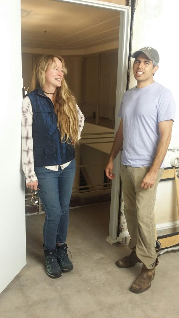 Artist Christy Karll and curator Tommy Gregory at the 1940 Air Terminal Museum during the install stage of the "Wild blue yonder," which involves eight talents.
