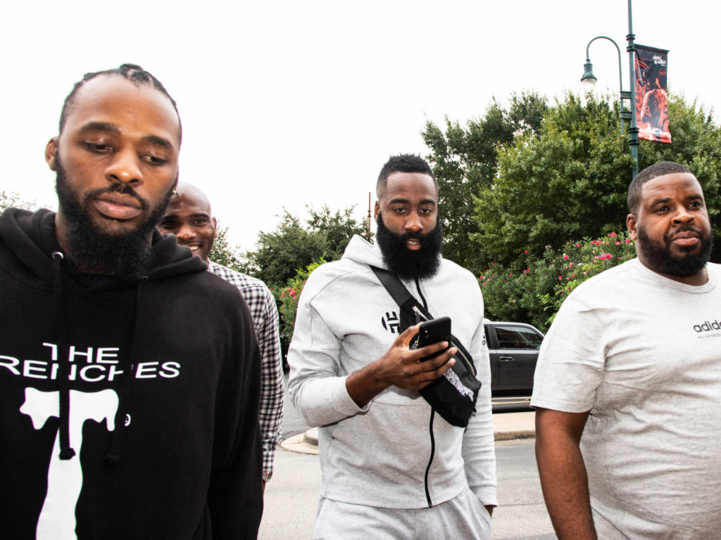 James Harden arrived at an Astros game with his own crew. (Photo by F. Carter Smith.)