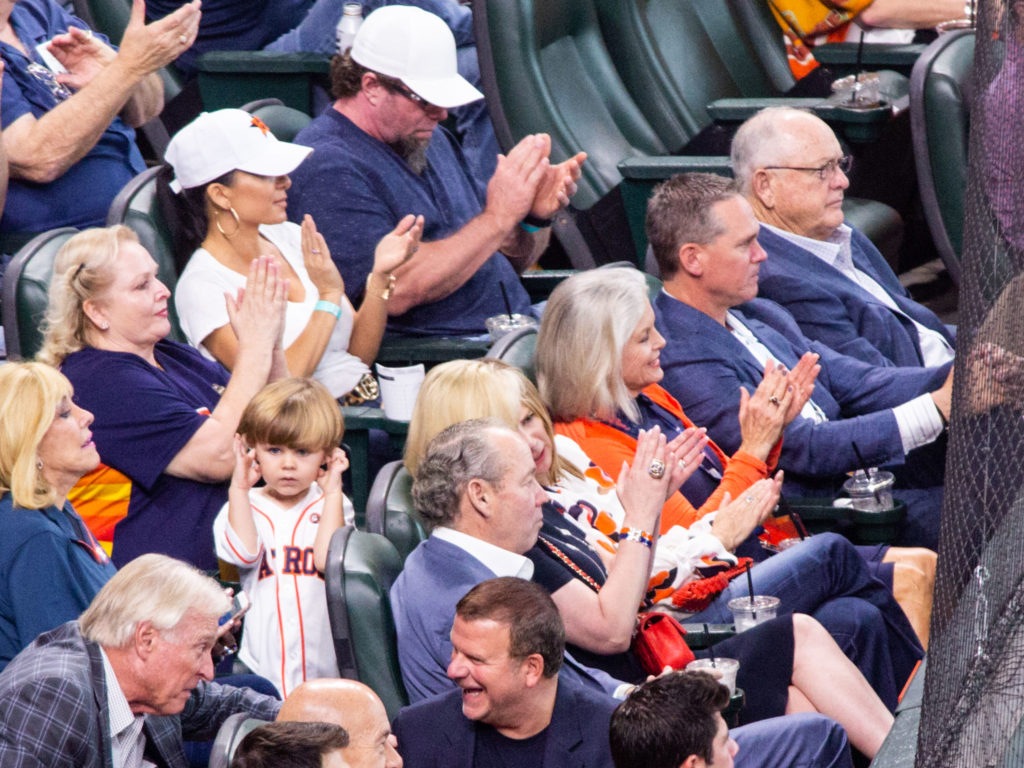 Nolan Ryan, Craig Biggio, Jeff Bagwell, Jim Crane and Tilman Fertitta all enjoyed seats behind home plate for a 2019 Astros game. (Photo by F. Carter Smith.)