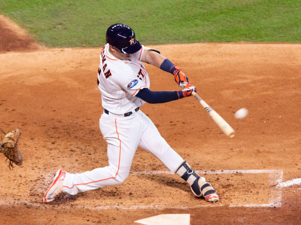 Alex Bregman's fourth inning home run kickstarted the Astros in their return to playoff baseball. (Photo by F. Carter Smith.)