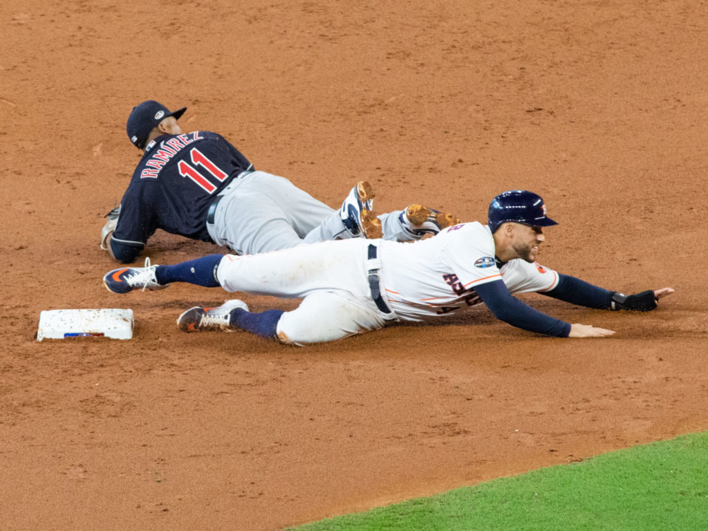 The Houston Astros' work on the base paths has been an underrated aspect of their 2-0 series lead. Here, George Springer gets there. (Photo by F. Carter Smith.)