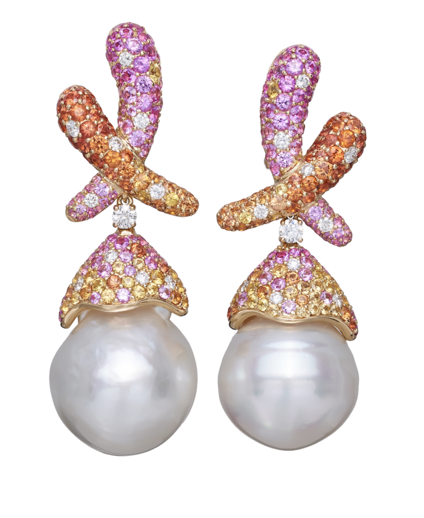 Australian South Sea pearl drops accented with multi coloured sapphires and diamonds in 18 karat yellow gold