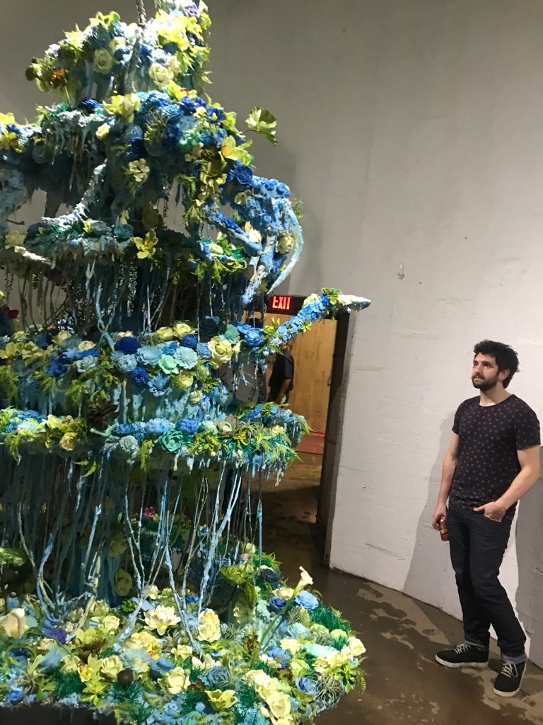 Alan Mur takes in Ann Wood's towering frosted fountain at opening night of "Peak Shift" at SITE Gallery, at The Silos. (Photo Cindy Lisica) 