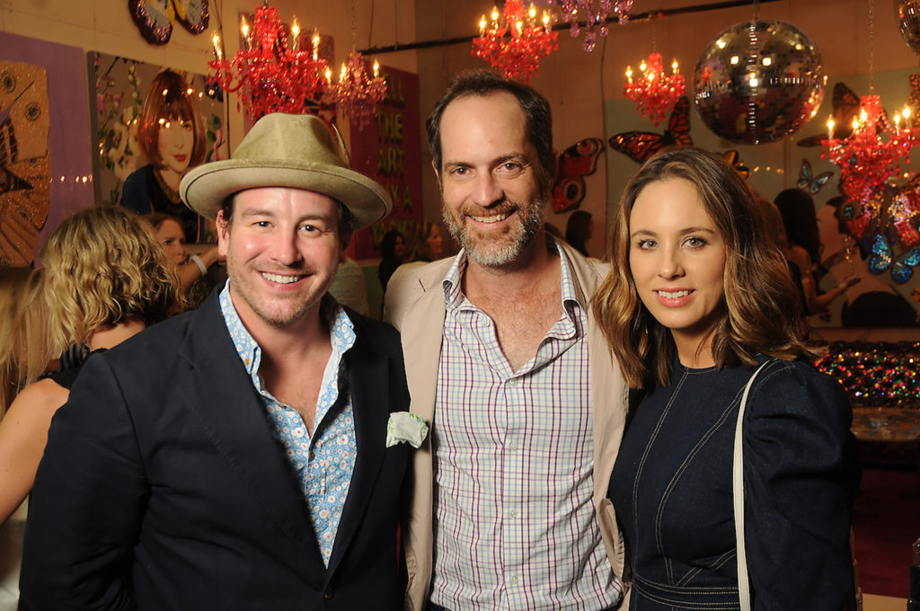 From left: Michael Carroll, Jeremy Radcliffe and Linsay Radcliffe at an art sale and party with Ashley Longshore at The Post Oak Hotel Thursday Oct. 04,2018.(Dave Rossman photo)