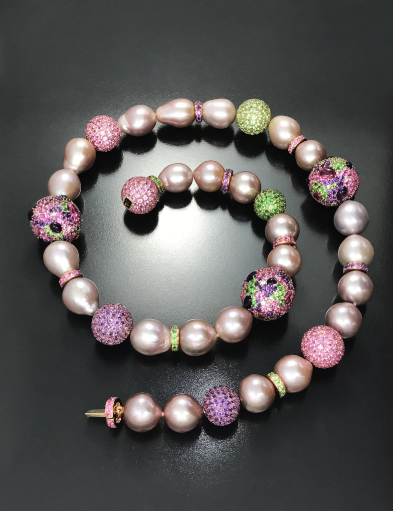 Natural coloured pink pearl necklace with multi coloured gemstone balls and rondelles in 18 karat yellow gold