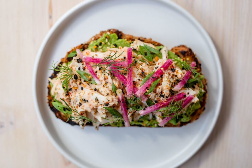 This updated Blue crab tartine is elevated Southern food. 