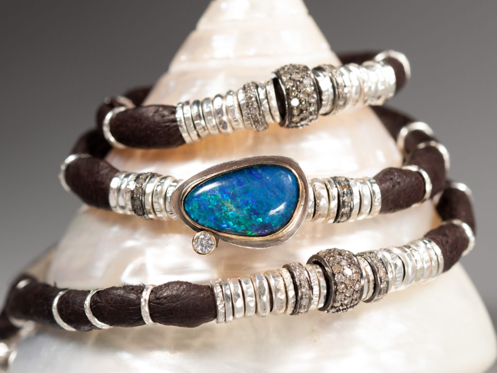 Bourne Jewelry's “Boulder Opal and Diamond Leather Wrap Bracelet,” 2018 (Silver Street, Studio 318)