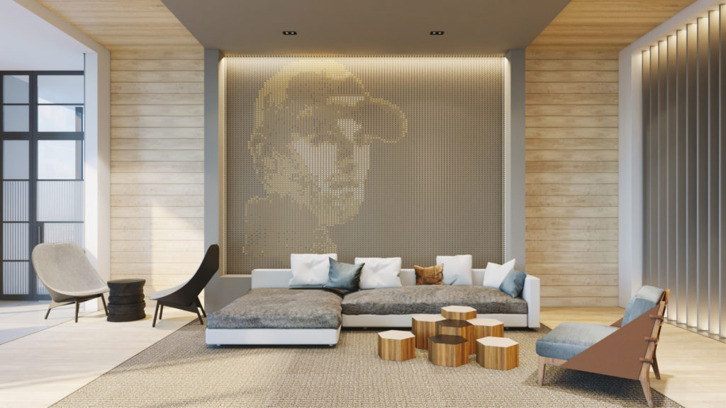 The Victor's golf simulator includes a unique piece of art — made out of golf tees.