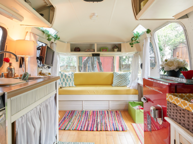 This Barton Springs airstream comes to life with colorful accents and retro fixtures. 