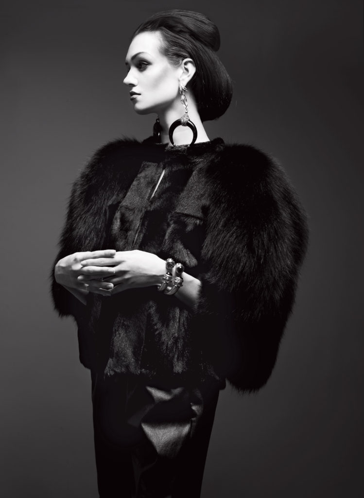 Ángel Sánchez coat, at angelsanchezusa.com. Louis Vuitton dress, at the Louis Vuitton boutique. Fernando Rodriguez earrings. Elisheva & Constance ring, at elisheva.constance.com. Julie Vos cuffs in amethyst and onyx $345, at À Bientôt, Elizabeth Anthony.