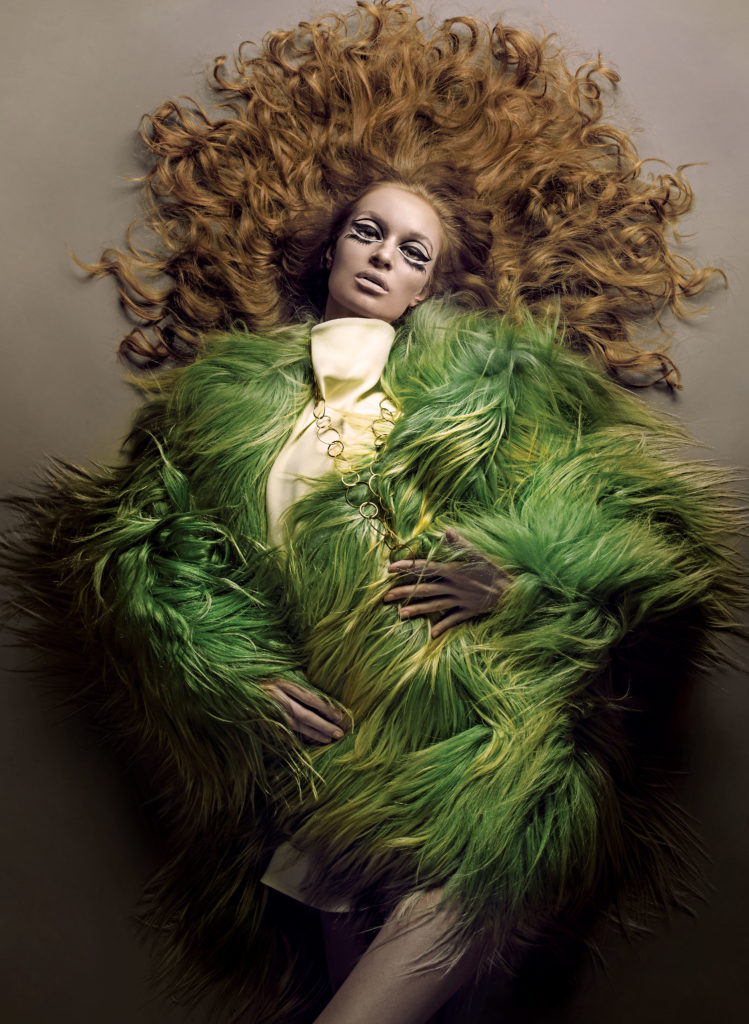 D.V. sent Veruschka to Japan with Richard Avedon and Polly Mellen for a shoot that would become a photographic legend: “The Great Fur Caravan,” where hairstylist Ara Gallant creates a wig eight feet long. Vreeland’s response when she sees the wig is, “I want 20 feet!” 1966.