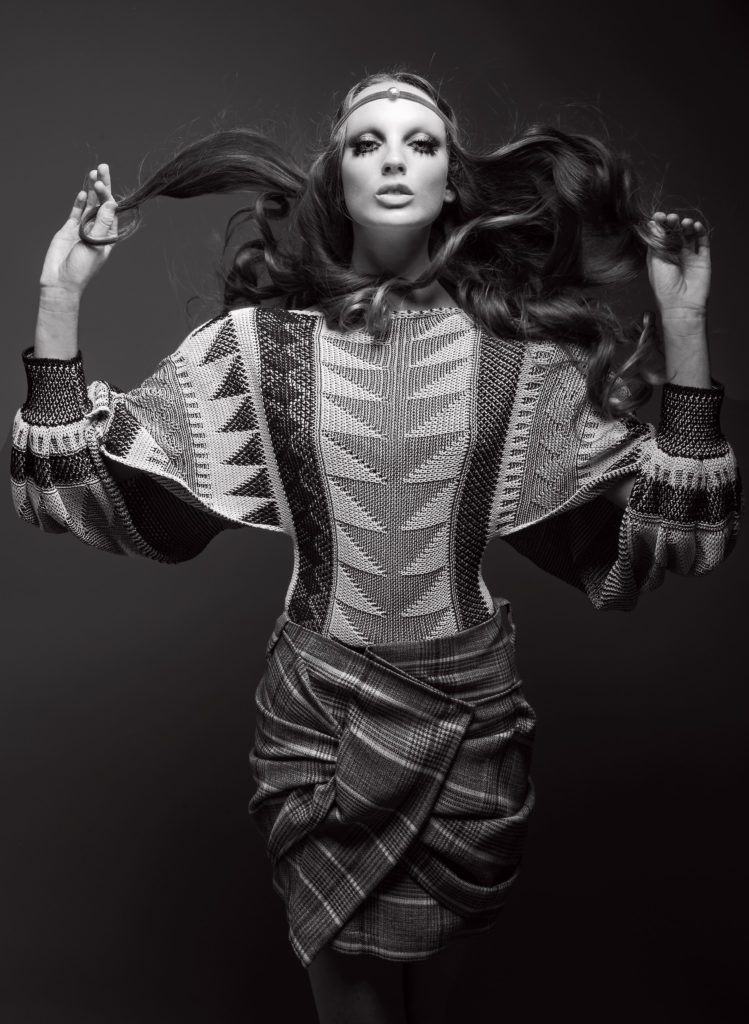 Louis Vuitton jacquard knit top $1,600, and skirt $2,530, both at the Louis Vuitton boutique.